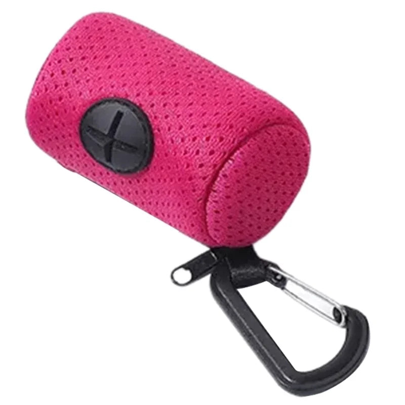 Pink dog poop bag holder with clip-on carabiner, portable pet waste bag dispenser for easy dog walking cleanup