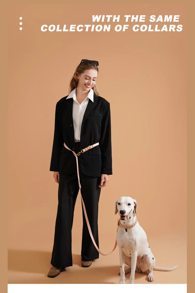 hands free dog leash with stylish woman and dog in matching collars, durable colorful rope leash for medium large dogs