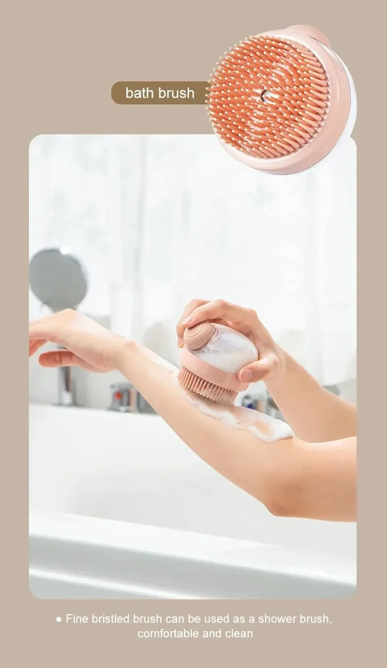 dog shower brush with shampoo dispenser pet grooming bath brush for dogs and cats, soft silicone bristles