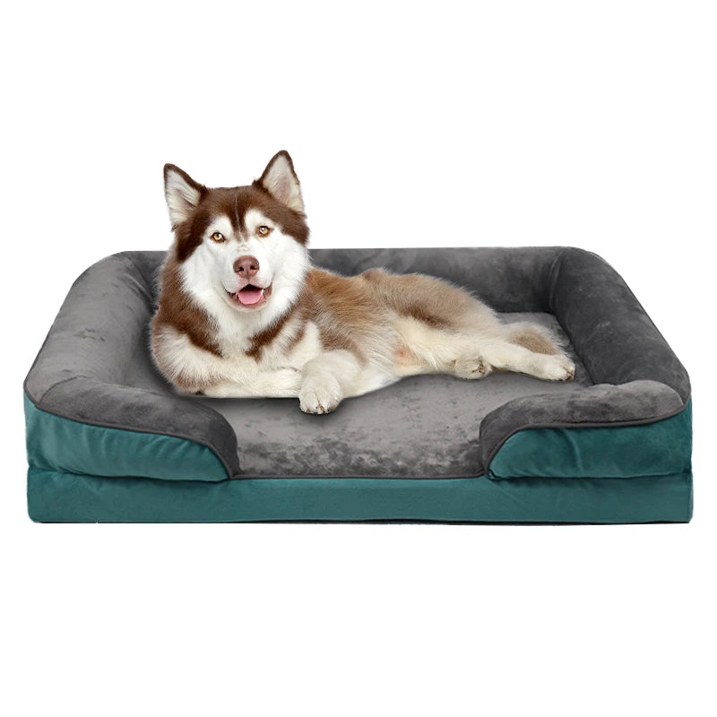 Emerald orthopedic dog sofa bed with washable coral fleece, removable support foam, extra large pet sofa for all seasons