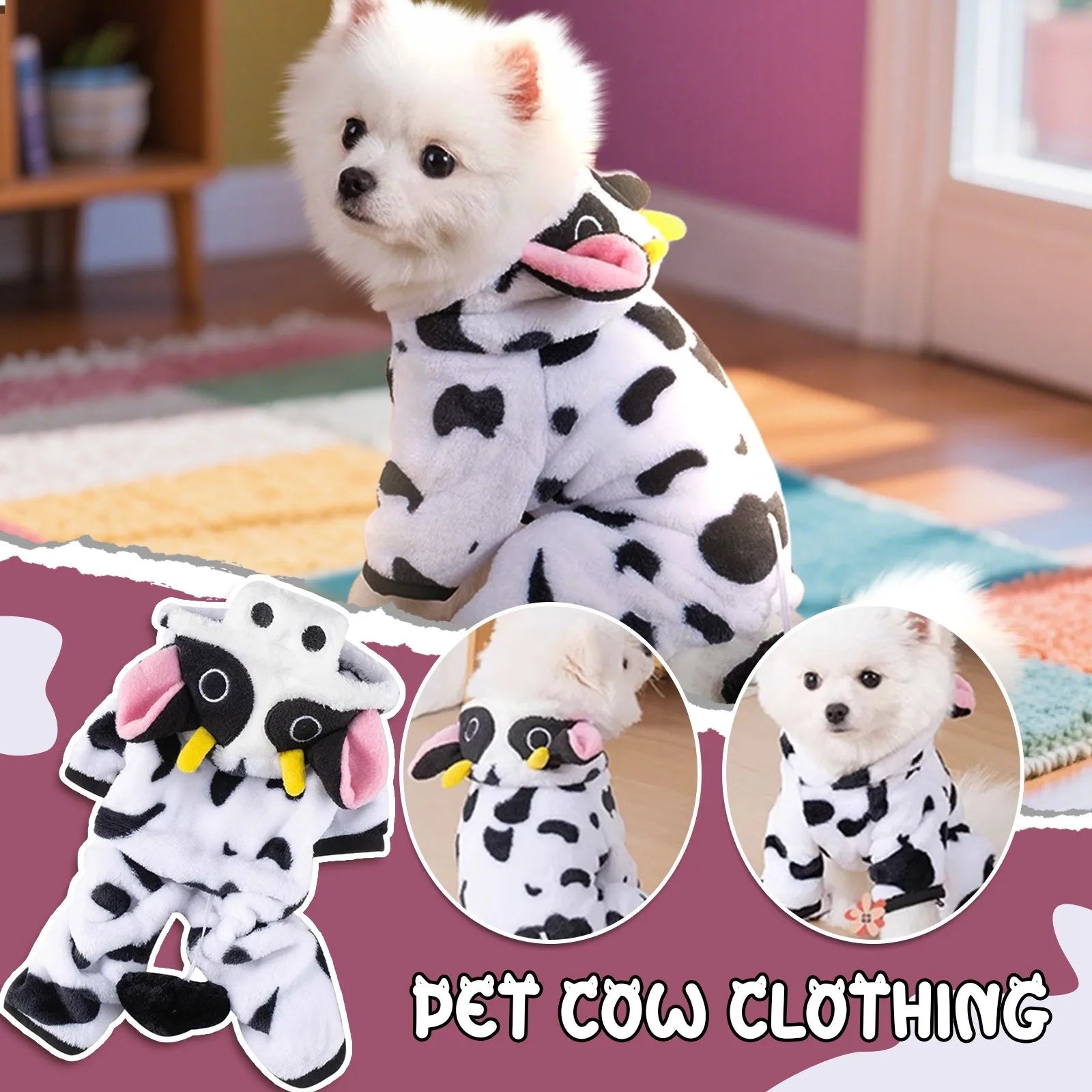 Small dog wearing plush cow print pet pajamas with hood indoors on a colorful rug