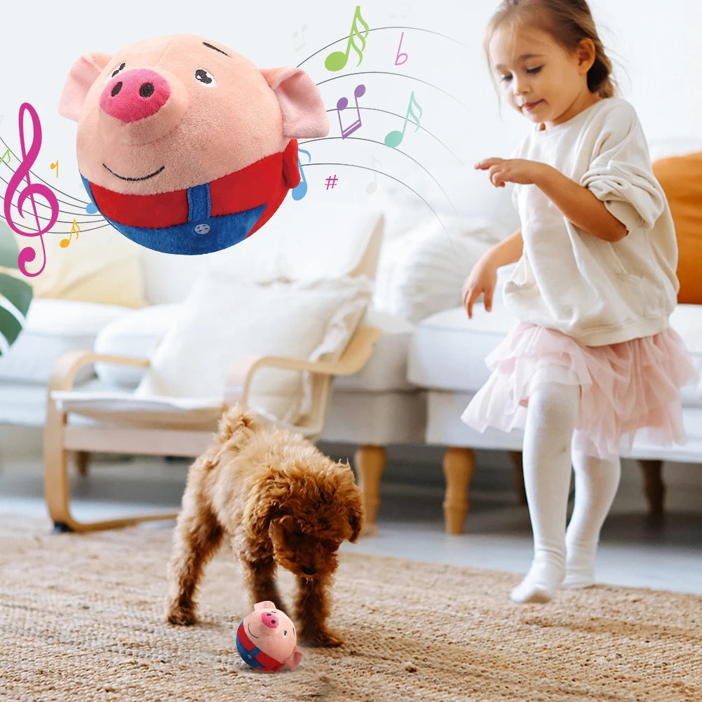 interactive squeaky dog toy plush bouncing pig ball for small dogs, bite resistant, self-moving indoor play