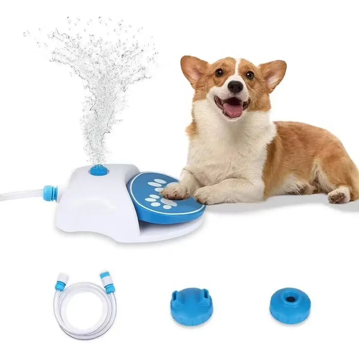 Blue step-on dog water fountain for outdoor courtyard use with hose and sprinkler, press-type automatic pet dispenser