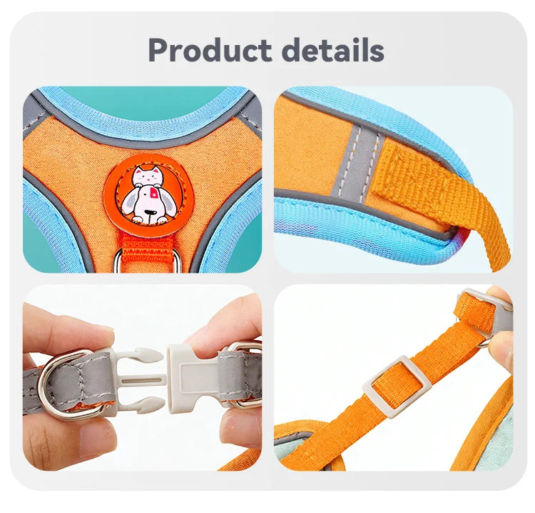 adjustable reflective dog vest harness for small to medium dogs, orange cat and dog design, durable buckle vest