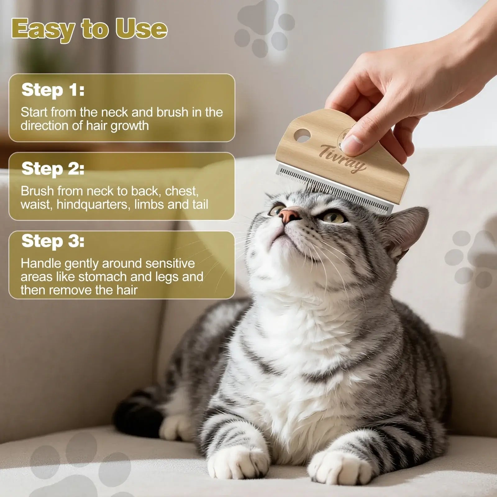 deshedding brush for dogs wooden pet grooming tool for cats and dogs, easy step-by-step coat care