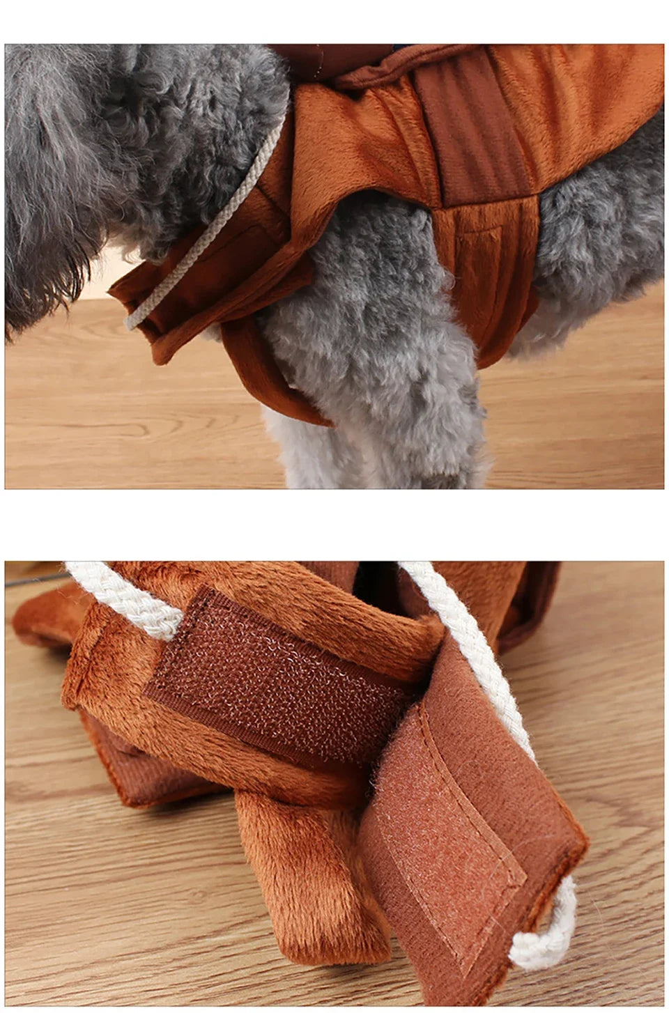 Brown plush dog costume with rope harness and velcro closure on a fluffy gray dog