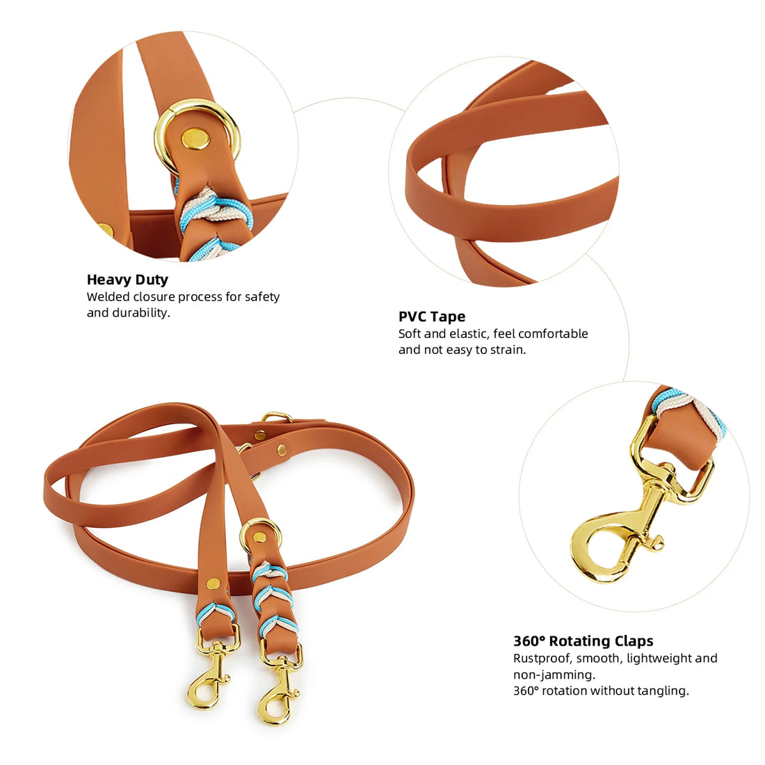 Hands free dog leash with durable PVC tape, heavy-duty clips, and 360° rotating clasps for medium and large dogs