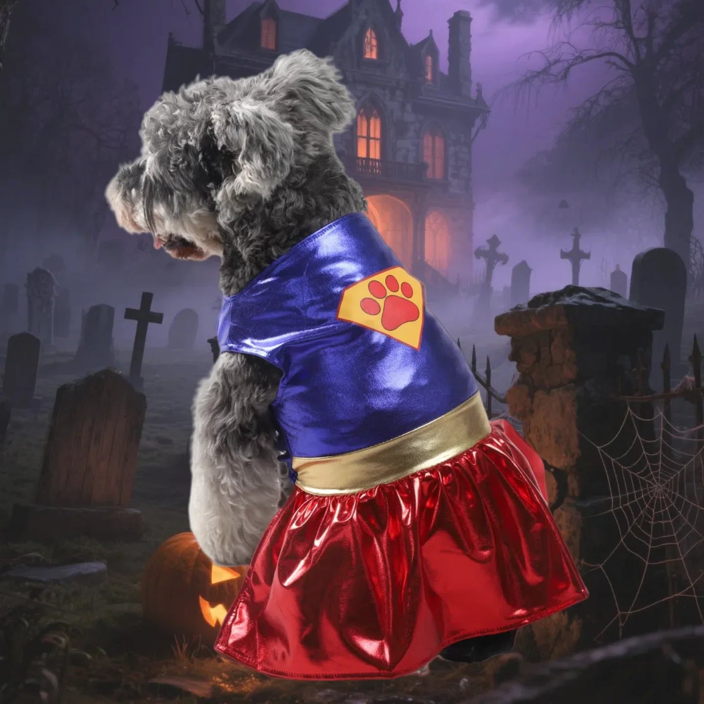 Small dog in superhero costume with blue top and red skirt, graveyard and haunted house background