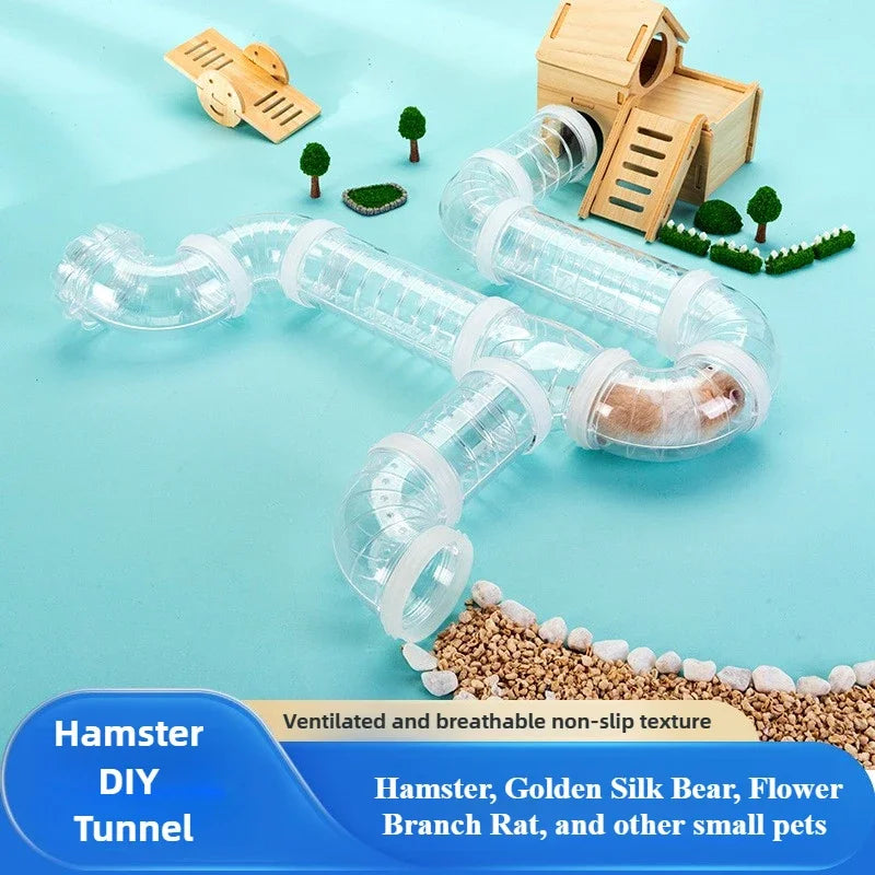 Hamster DIY tunnel for small pets, ventilated and breathable non-slip plastic play tube with wooden house