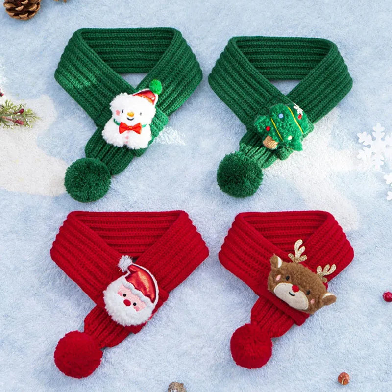 Festive dog scarves in red and green with cute Christmas designs on a snowy background