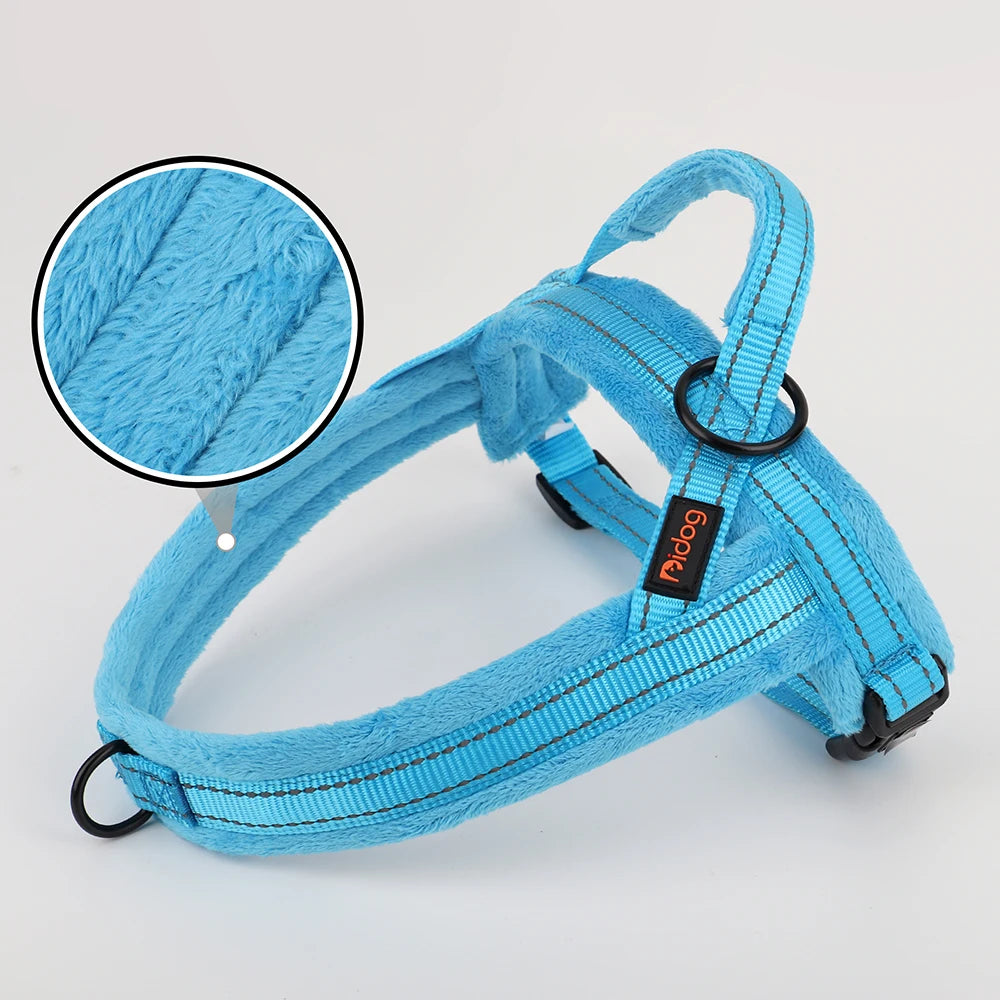 Blue winter dog harness with soft padded reflective nylon vest for small and large dogs