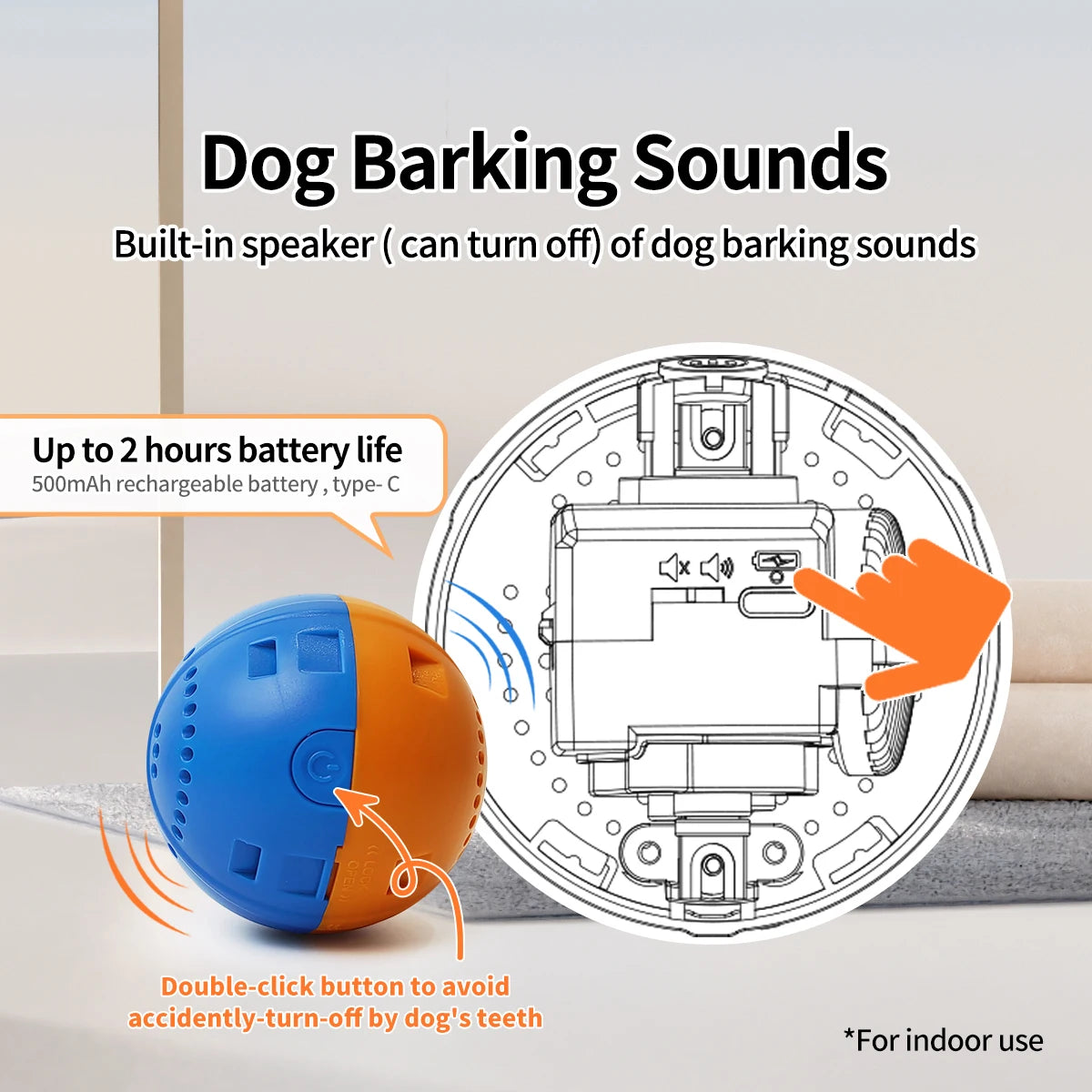 Interactive dog toy ball with built-in barking sounds, rechargeable battery, and button controls.