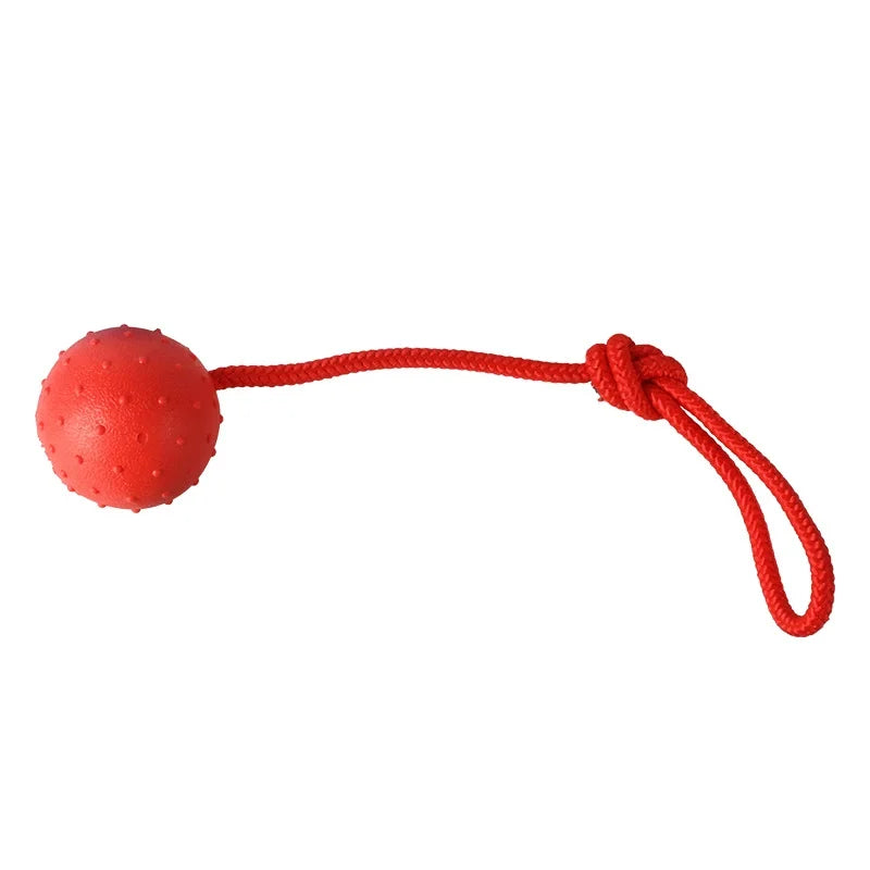 Red rubber dog ball toy with textured surface and attached rope for fetch or tug play