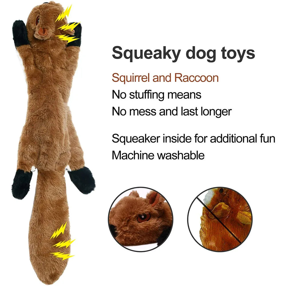 stuffingless squeaky dog toy squirrel plush with squeakers, no stuffing, durable machine washable chew toy for dogs