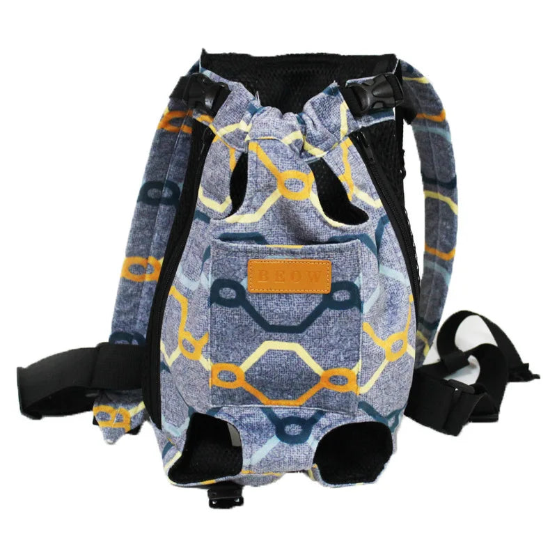 pet backpack carrier for small dogs, canvas dog backpack carrier, blue yellow geometric print, front back chest carrier, 4 color