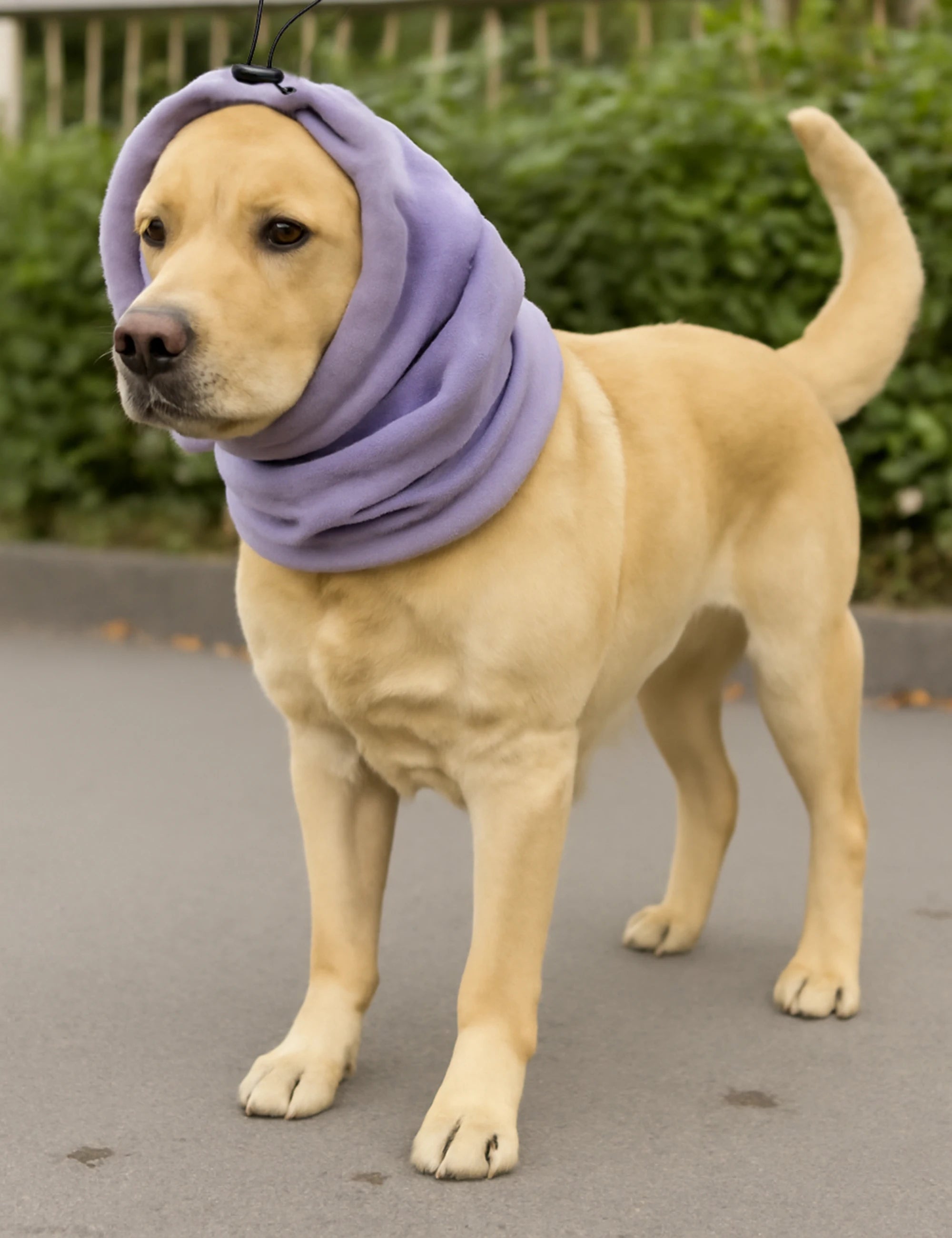 Labrador wearing a light purple fleece dog snood outdoor, dog accessory for warmth