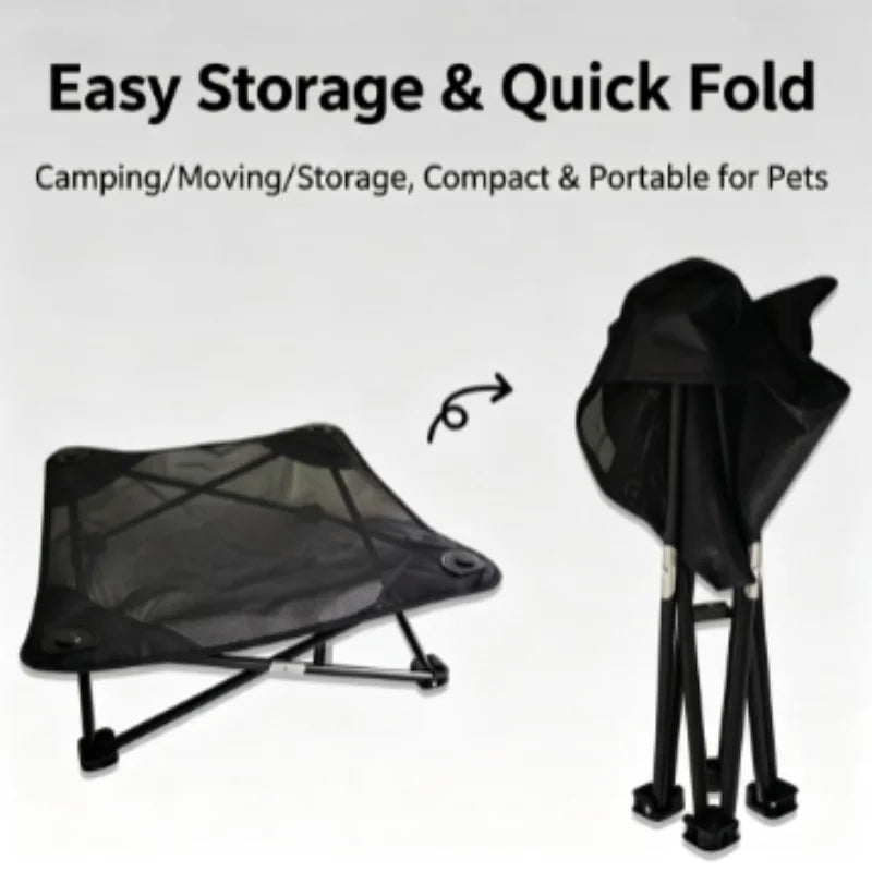 Portable waterproof raised mesh dog bed with quick-fold design for camping, storage, and cooling pet comfort.