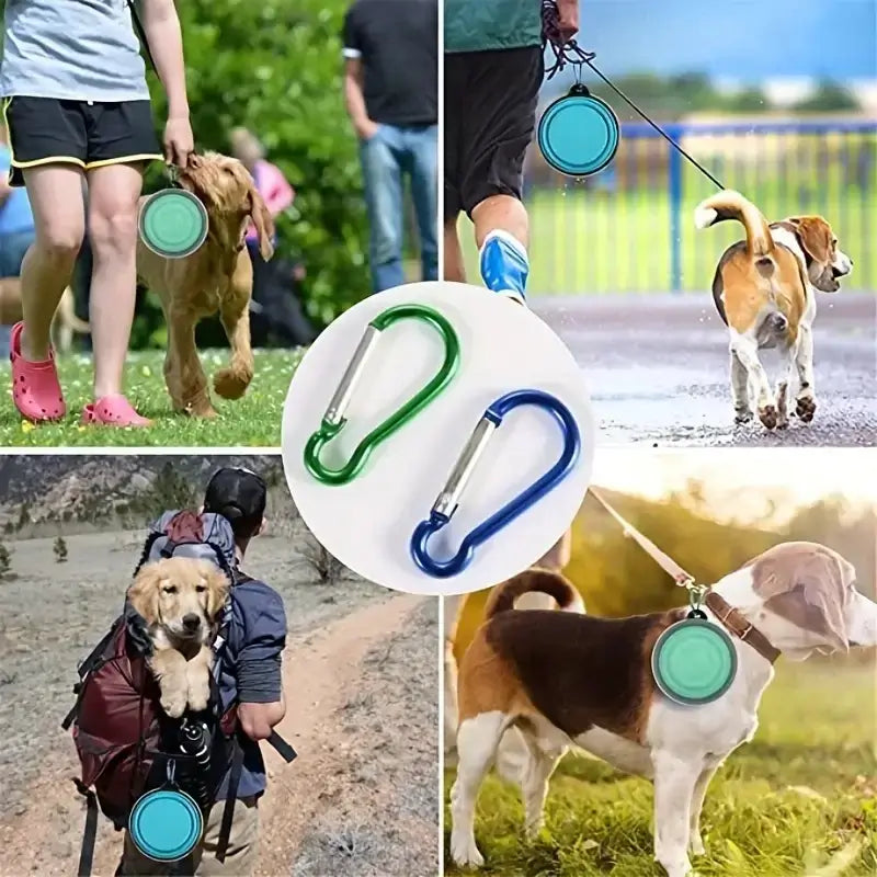 2 Pack Portable Collapsible Dog Bowl with Cover Travel-Friendly Waterand Food Dish with Lid, shown in use with dogs and owners.