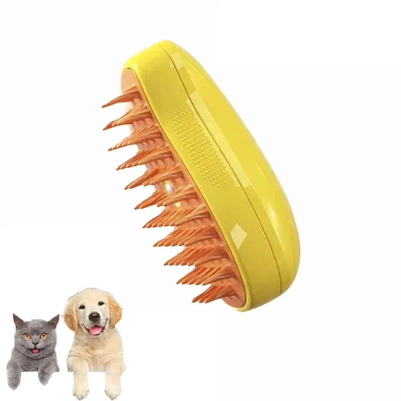 Yellow pet steam grooming brush electric sprayer massage comb for cats and dogs, 3-in-1 shedding tool