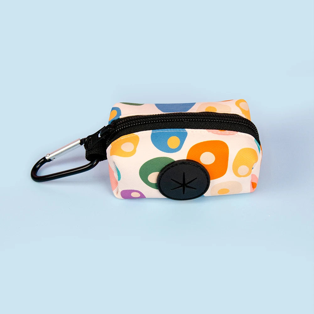 dog poop bag dispenser, size L, double round stone pattern, portable dog leather strap attachment, colorful zip pouch