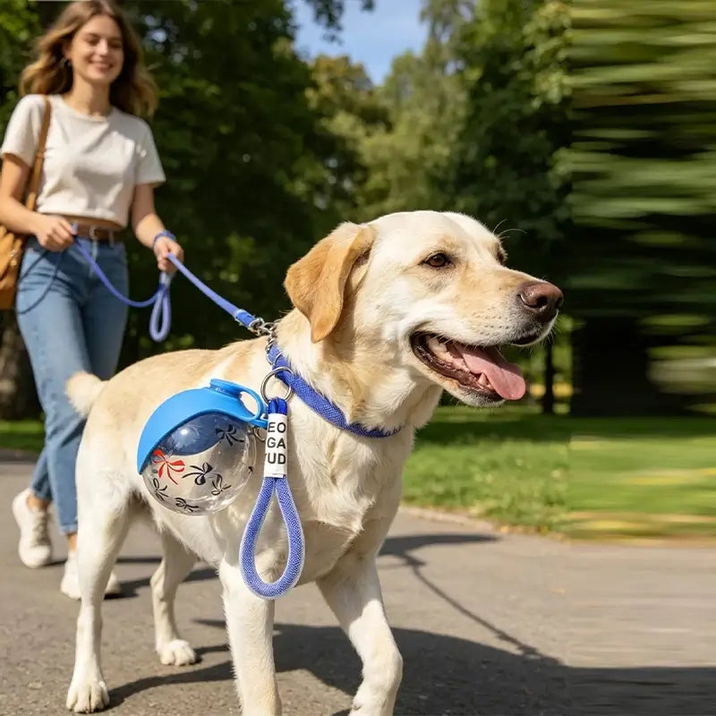portable dog water bottle attached to a leash on a Labrador walking outdoors in the park