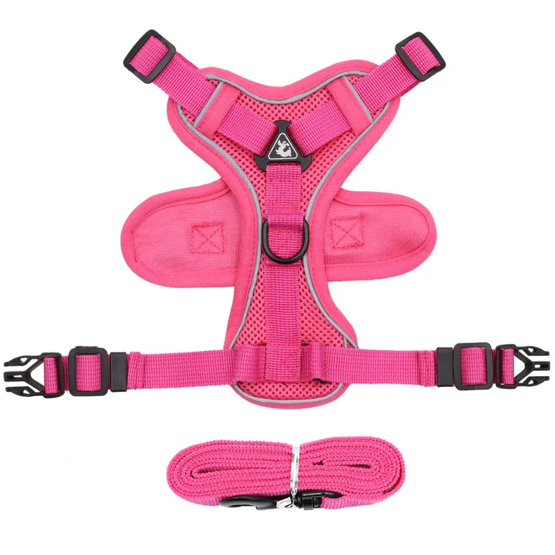 Pink reflective cat harness and leash set, breathable mesh padded vest, rose color, ships from CN for kittens and small pets.