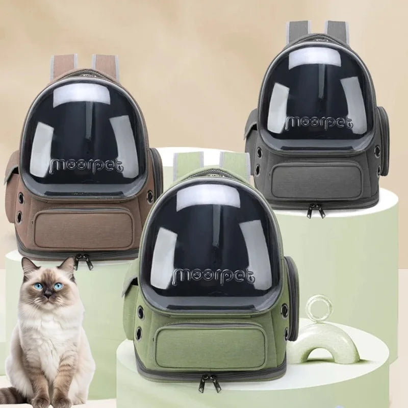 Breathable cat carrier backpack with transparent front, zipper closure, and multiple color options for cats and small dogs