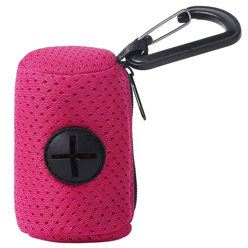 Pink mesh dog waste bag holder with zipper and black carabiner clip