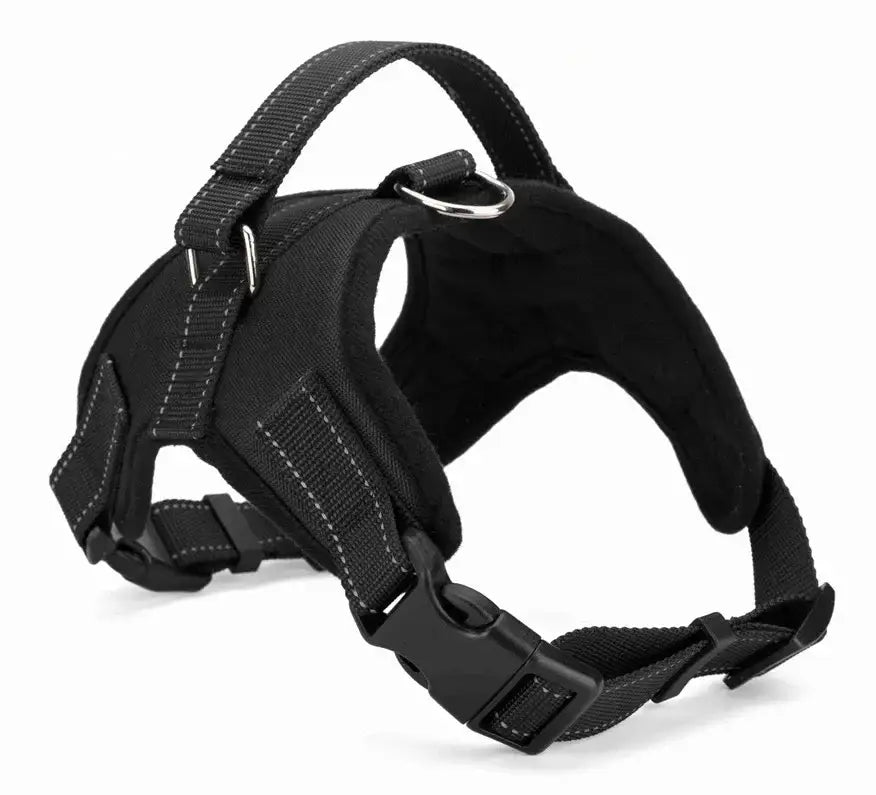 Black quick release dog harness vest in breathable nylon with reflective stitching, adjustable puppy pet harness for outdoor use