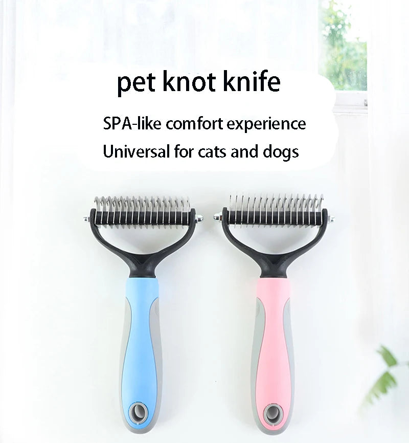 double sided pet deshedding brush for cats and dogs, stainless steel grooming rake for reducing shedding and knots