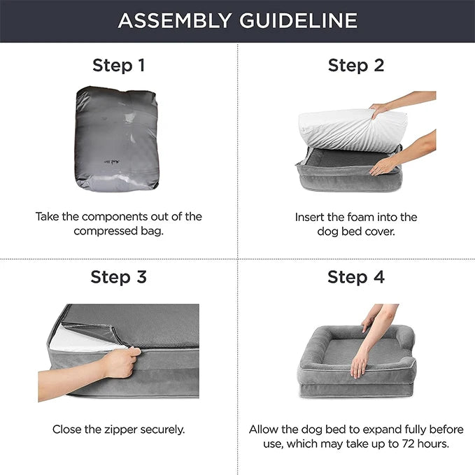 orthopedic dog sofa bed assembly guide showing foam insertion, zipper closure, and expansion steps