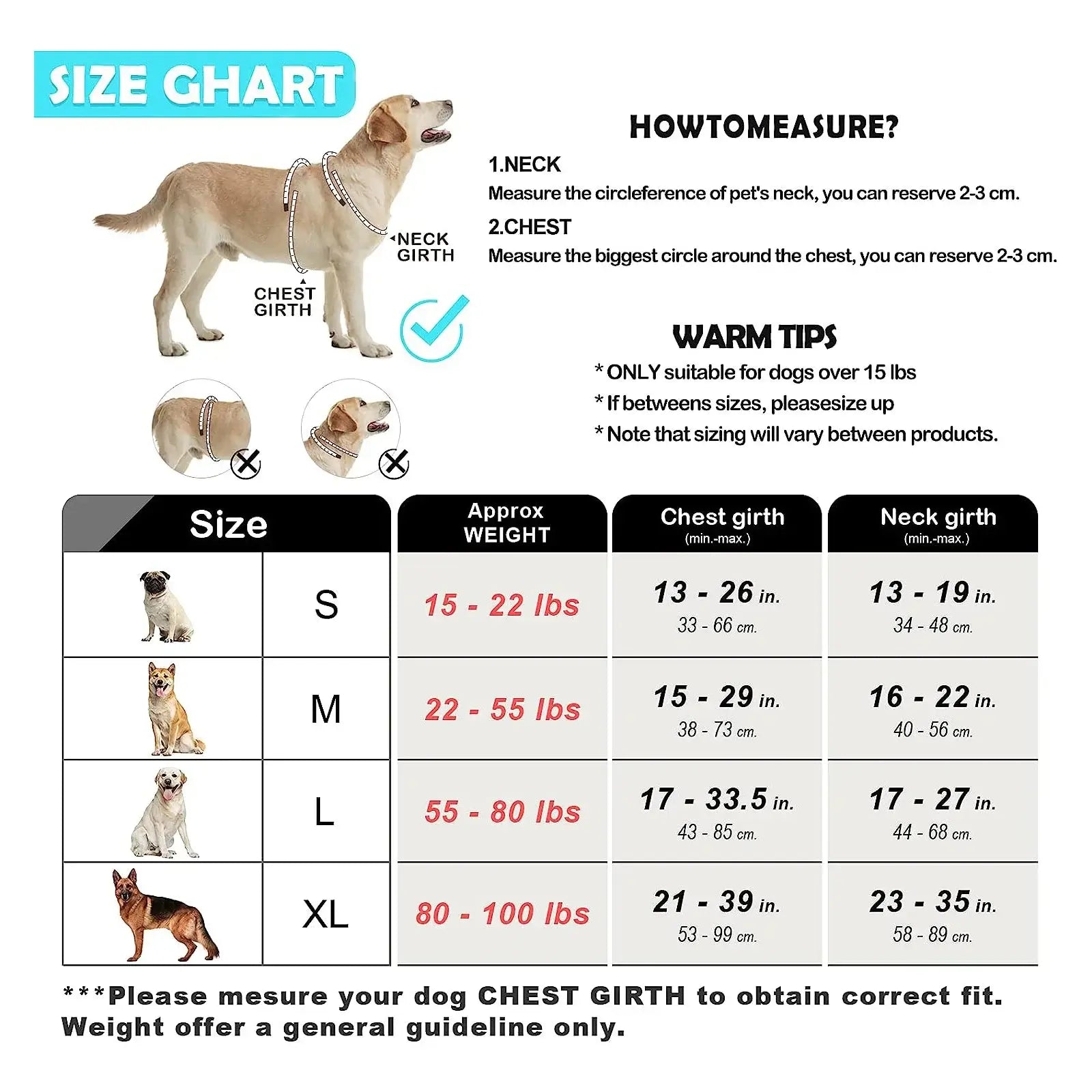 Dog harness size chart for escape proof no pull dog harness and leash combo, adjustable vest fit guide