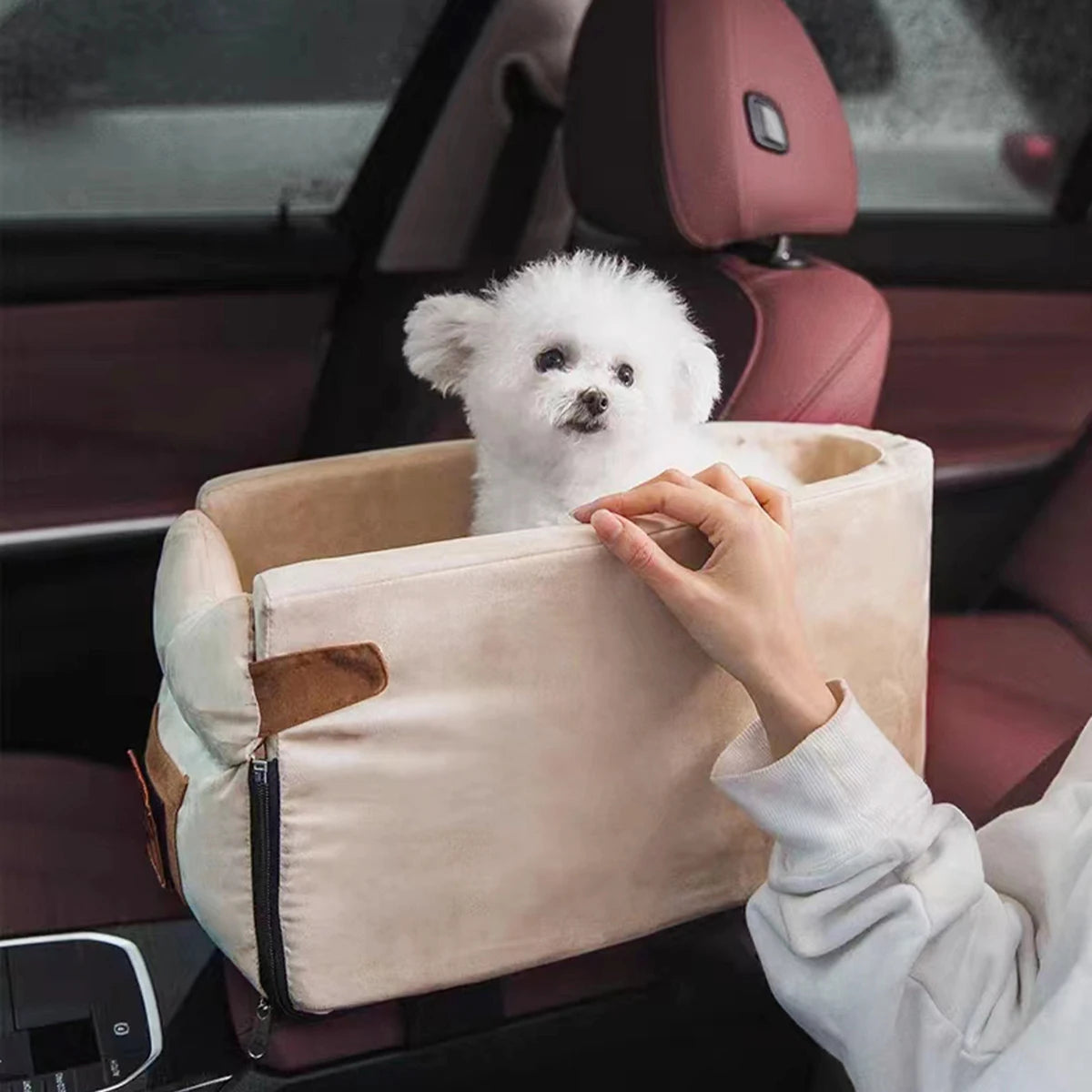 small dog car bed beige M corduroy breathable pet sofa basket for white small dog in car, ships from China Mainland