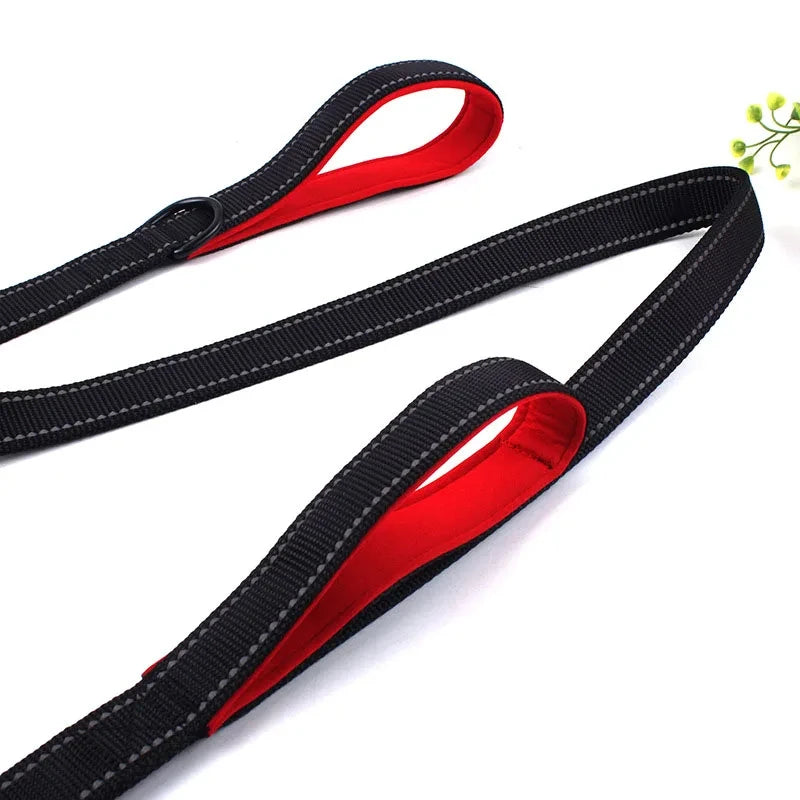 heavy duty double handle dog leash with padded red grips for greater control, safety, and training
