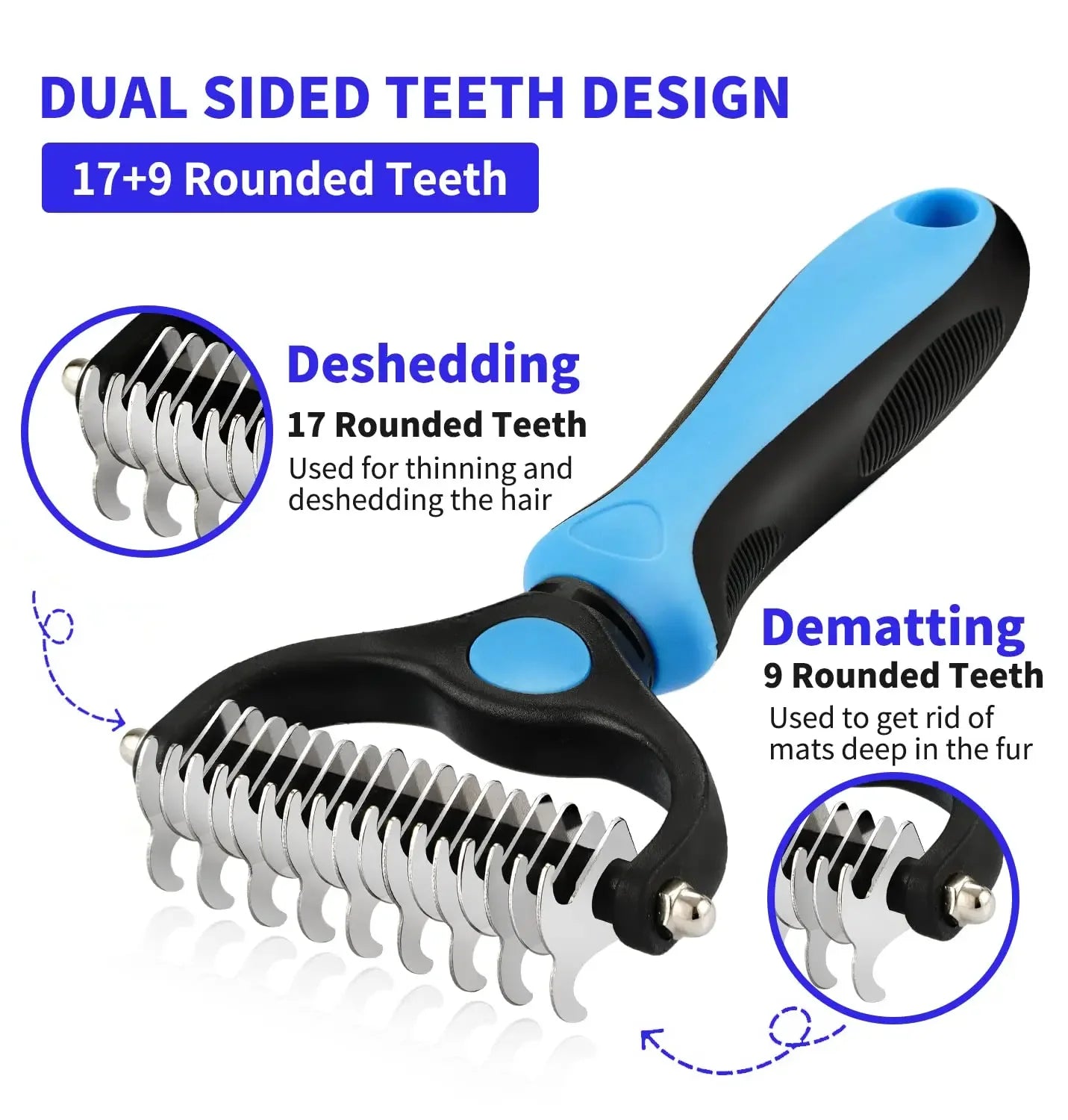 dog deshedding brush with dual-sided stainless steel teeth for shedding and dematting pet fur