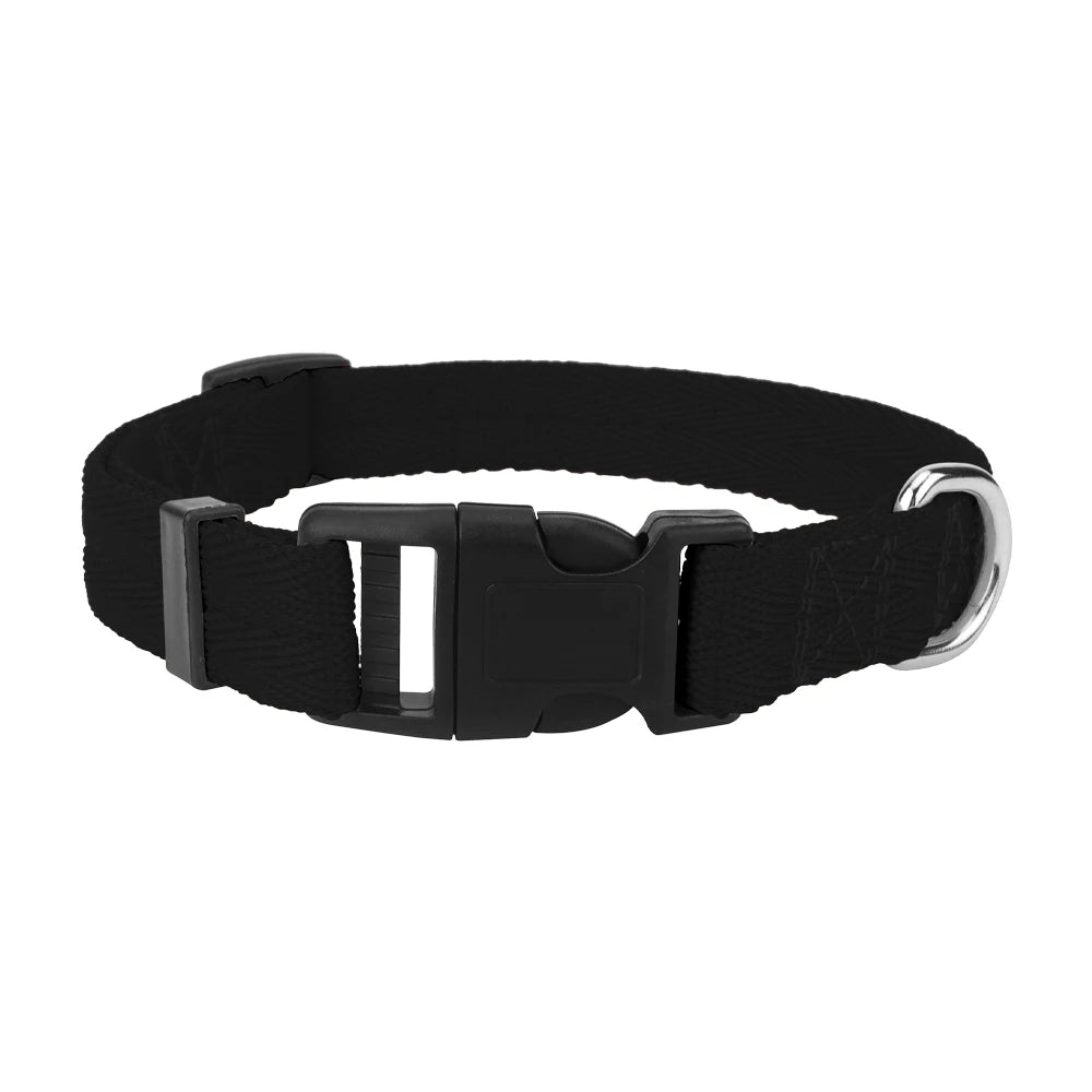 Black adjustable nylon dog collar with quick release plastic buckle for small, medium and large dogs