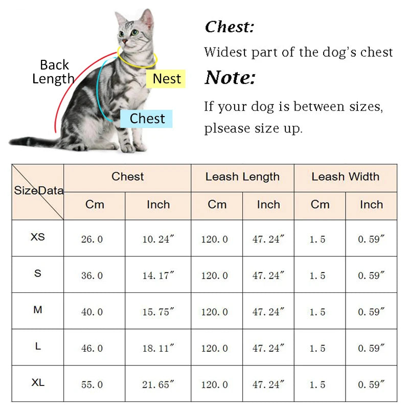adjustable cat and small dog harness and leash set size chart with chest measurements and leash length guide