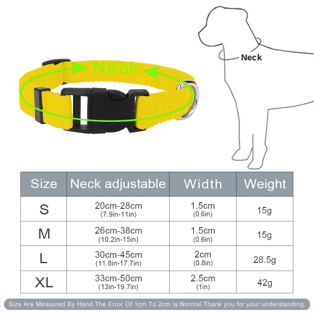adjustable nylon dog collar for small medium large dogs with quick release buckle and size chart