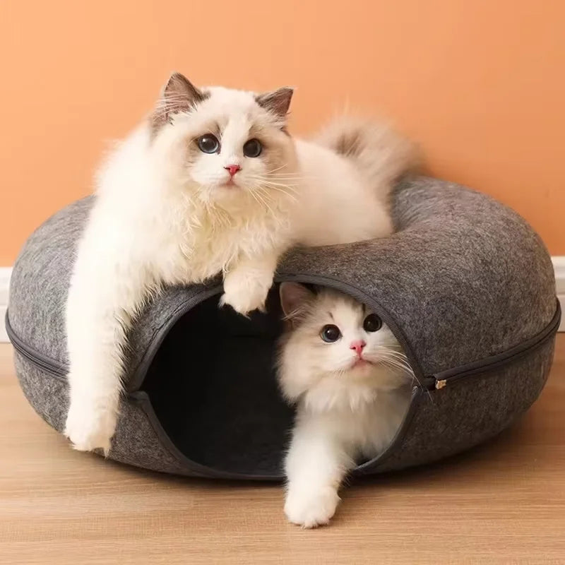 round cat tunnel bed for cozy lounging and play, gray donut nest with two kittens