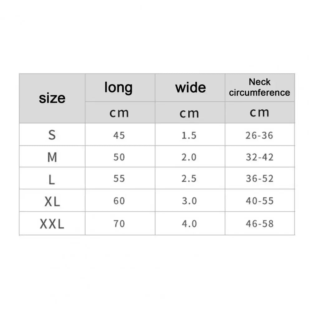 Adjustable nylon dog collar size chart with neck circumference, length, and width for S to XXL.