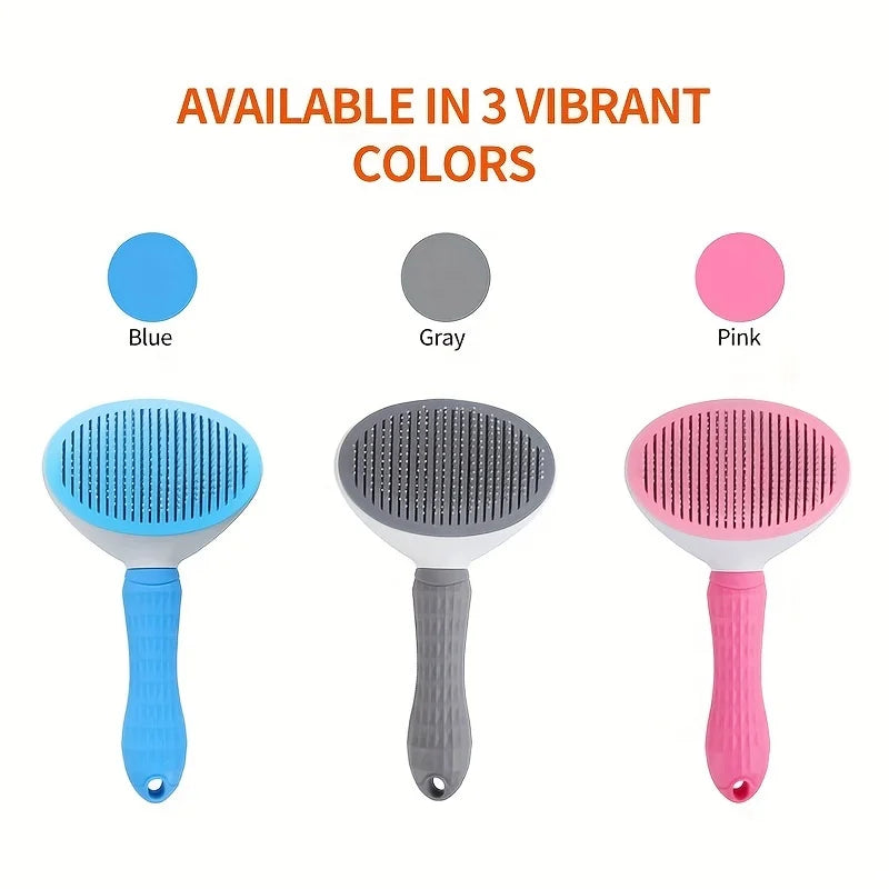 self-cleaning pet hair removal brush in blue, gray, and pink for effortless dog and cat grooming