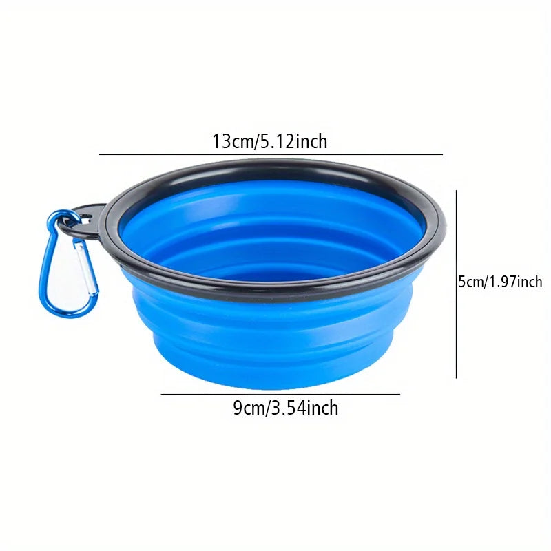 Blue portable dog travel bowl foldable silicone food and water bowl with clip, 13cm wide, 5cm high