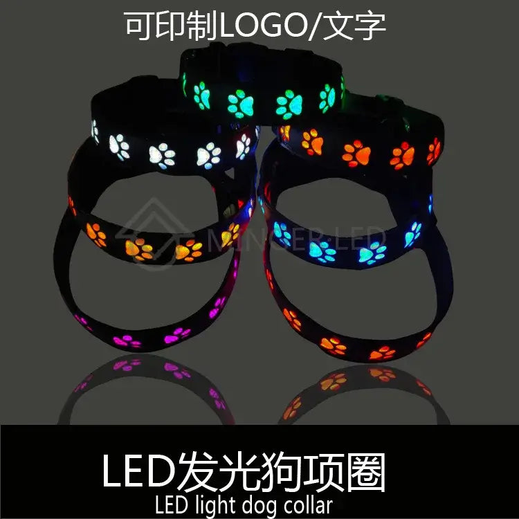 LED light dog collar with glowing paw prints, customizable logo text, and luminous safety dog collar for nighttime pet safety