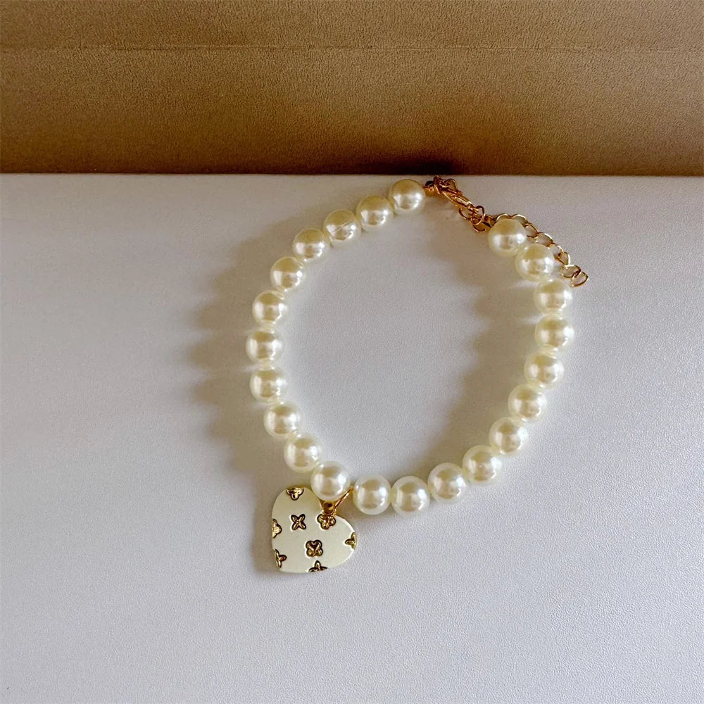 pet pearl necklace collar luxury white pearl dog collar with heart charm, buckle clasp, size 8