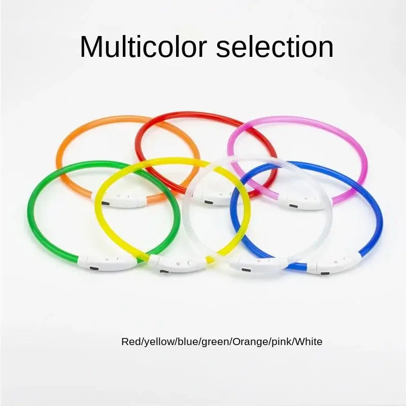 Led Usb Dog Collar Pet Dog Night Luminous Charge Collar Pet Accessorie in multicolor selection including red, yellow, blue, green, orange, pink, and white.