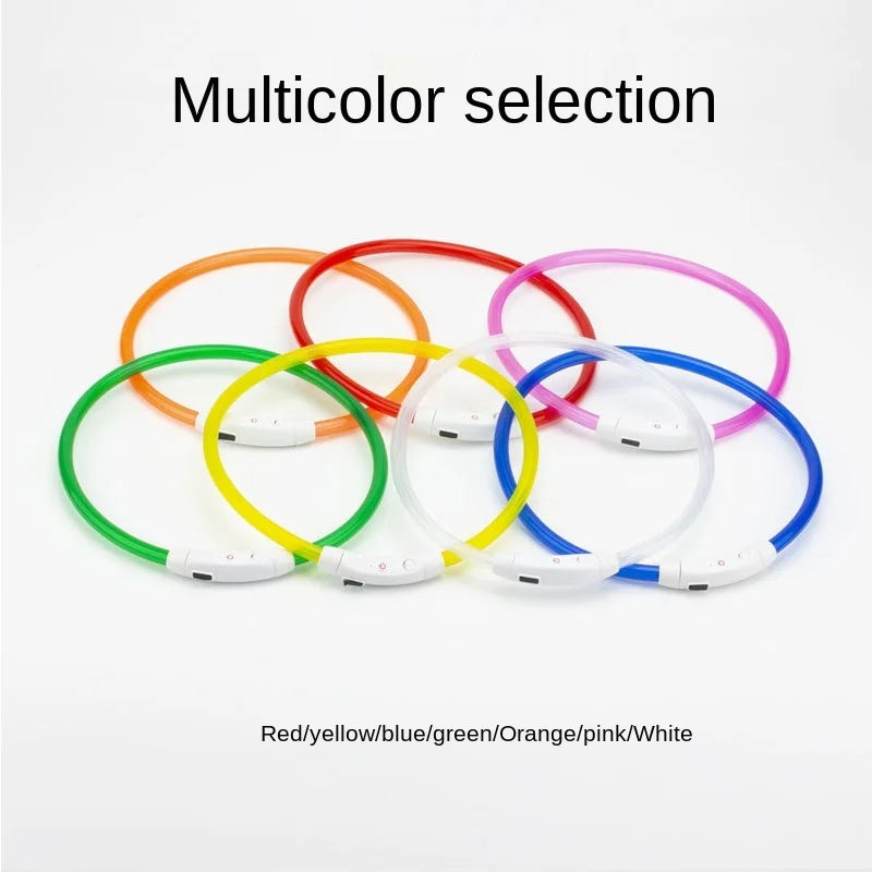 Led Usb Dog Collar Pet Dog Night Luminous Charge Collar Pet Accessorie in multicolor selection including red, yellow, blue, green, orange, pink, and white.