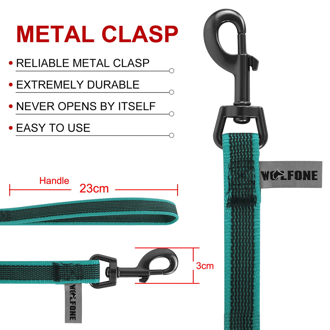 Adjustable dog training leash with metal clasp, durable buckle, and 23cm handle for convenient dog walking and control