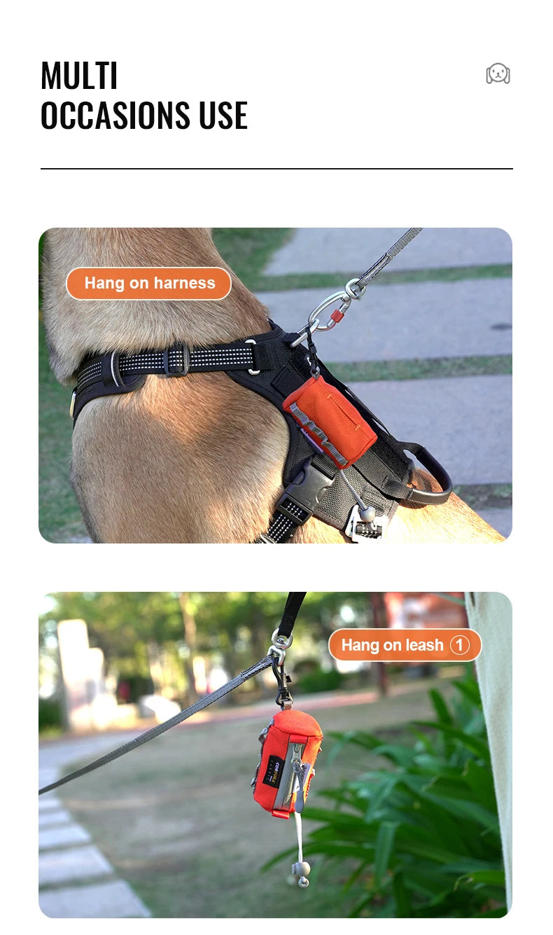 dog poop bag holder with carabiner attached to harness and leash for multi-occasions use