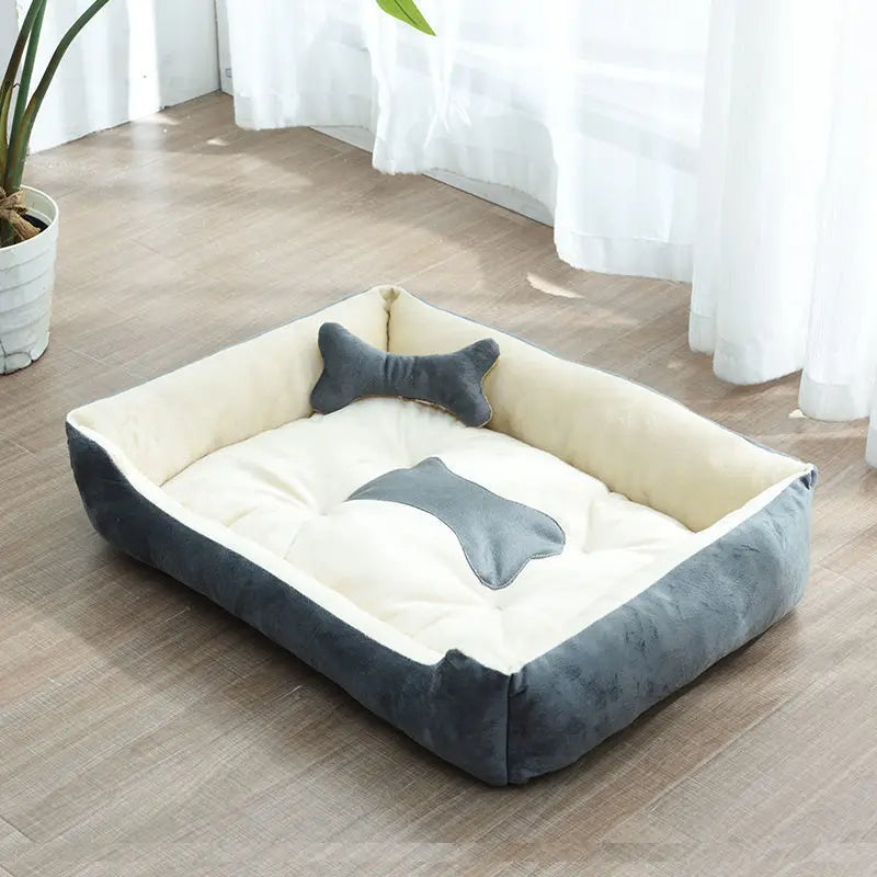 all-season pet bed house soft light gray dog kennel with bone print, washable cotton sleeping pad for small to large pets
