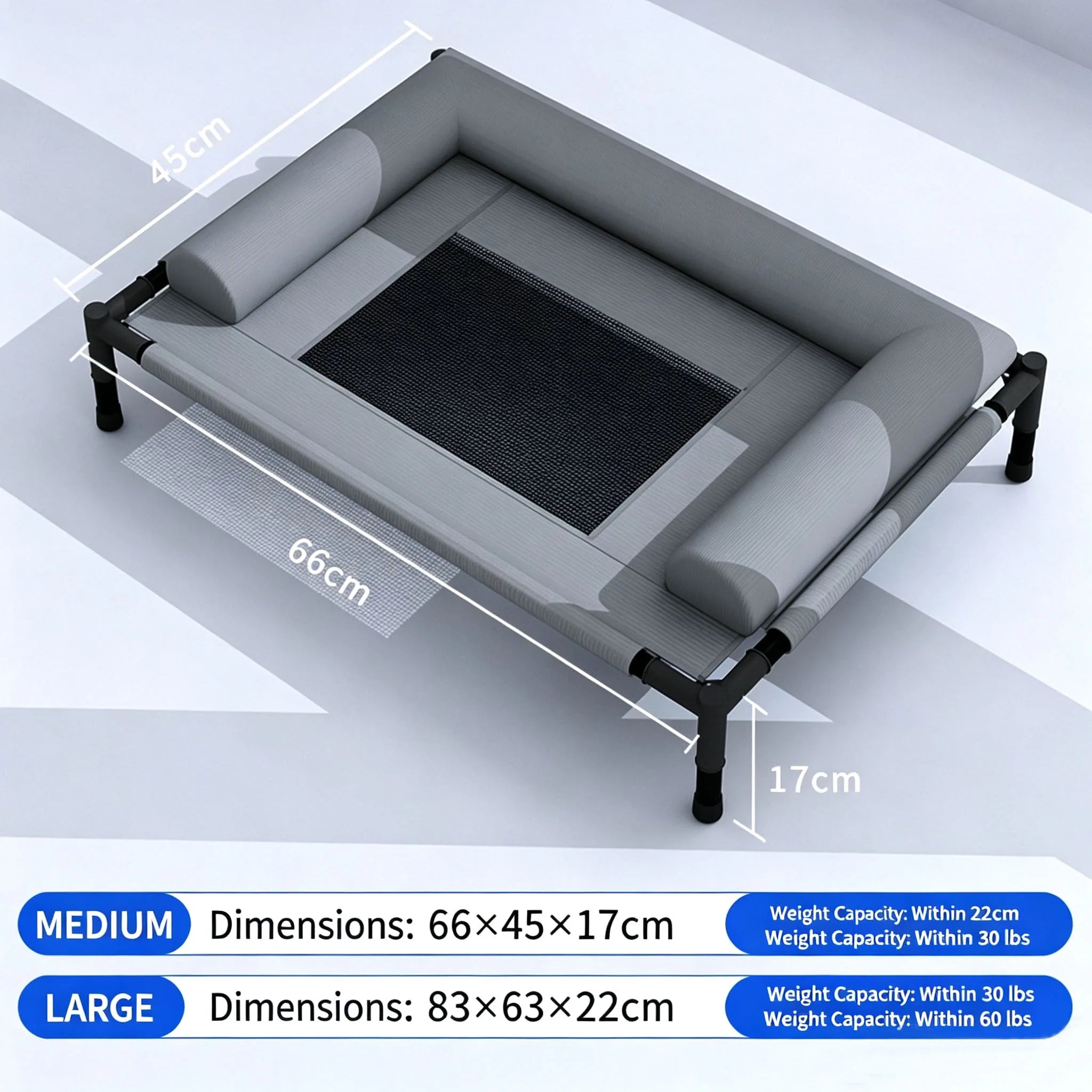 elevated cooling dog cot bed U Type gray with pillow, breathable mesh, washable, 66x45x17cm